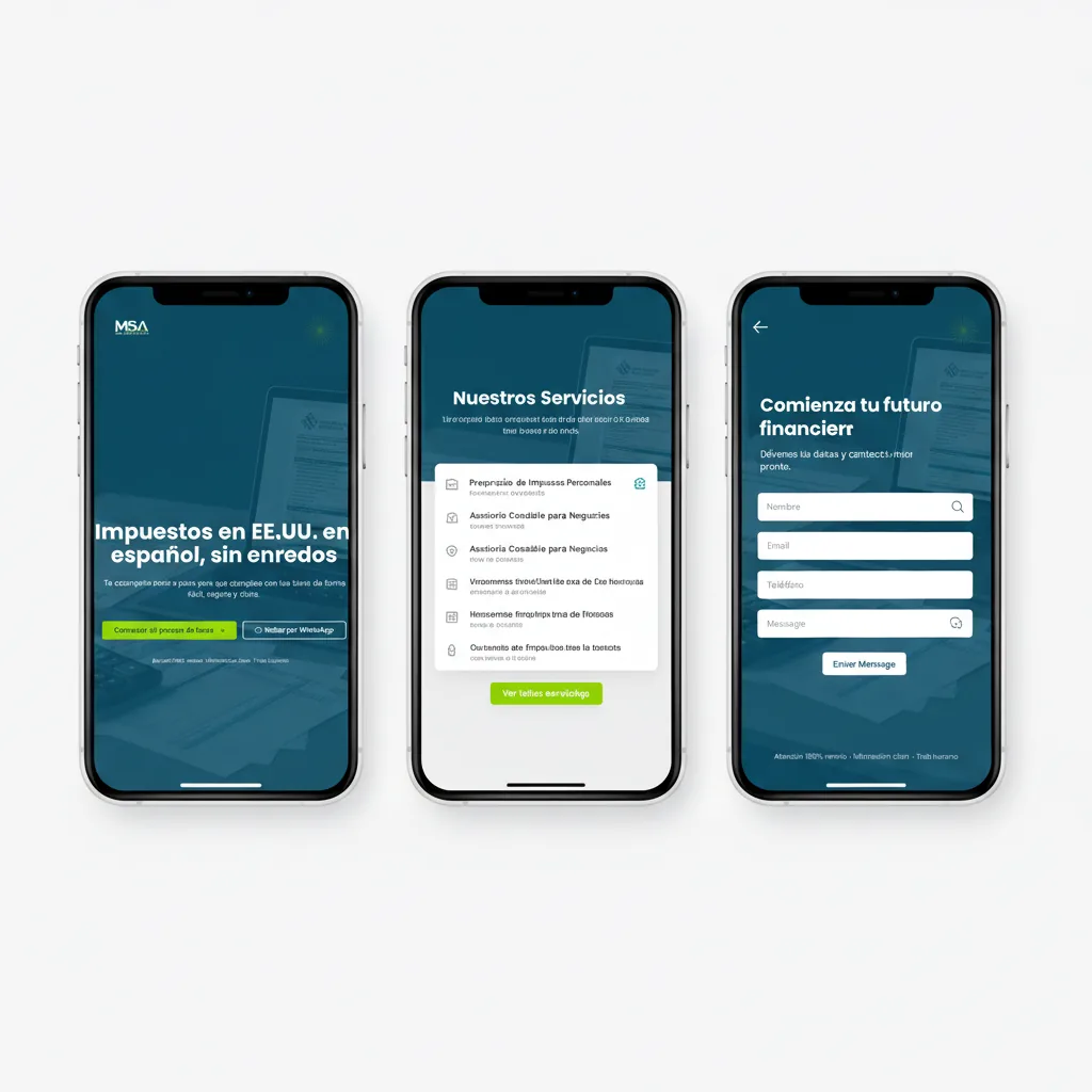 Mobile experience showing homepage, services, and contact screens