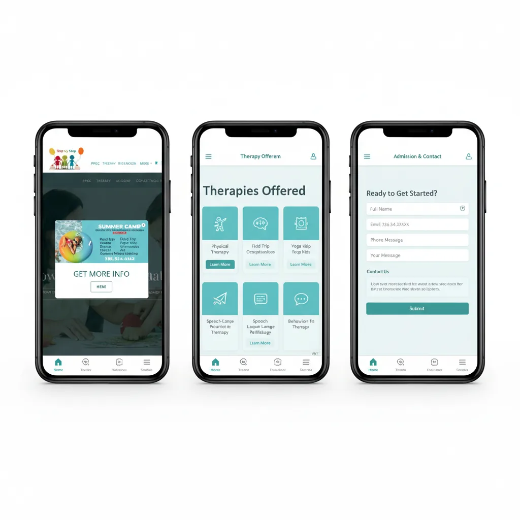Mobile experience showing homepage, therapies, and admission screens