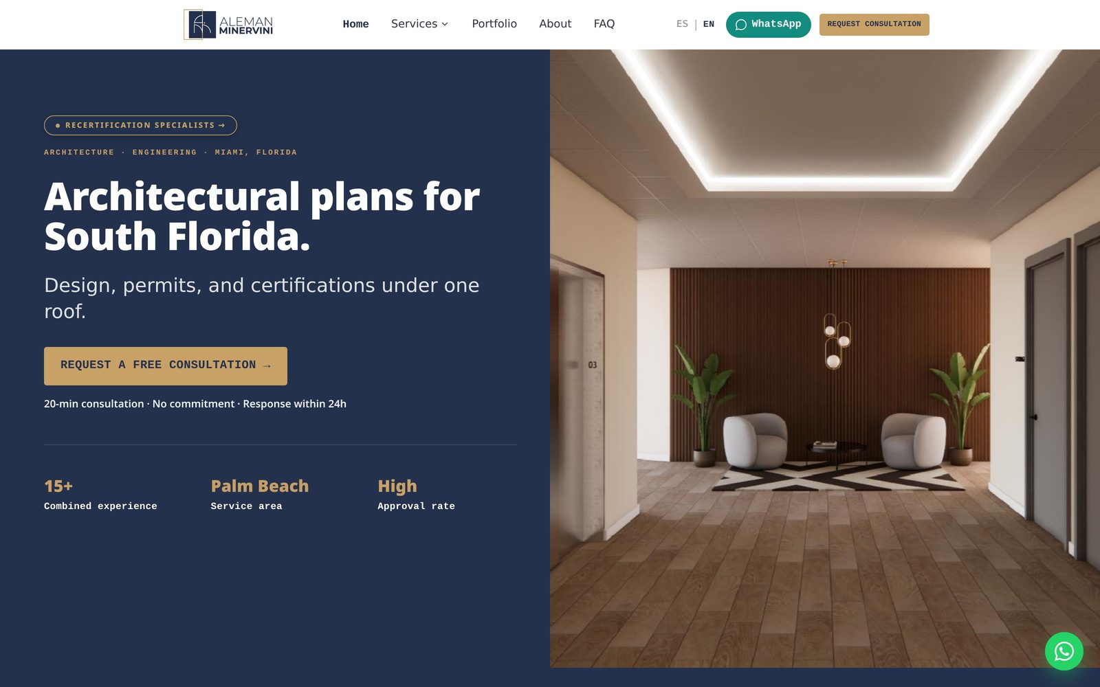 Aleman Minervini Corp. website — dark premium architecture firm redesign