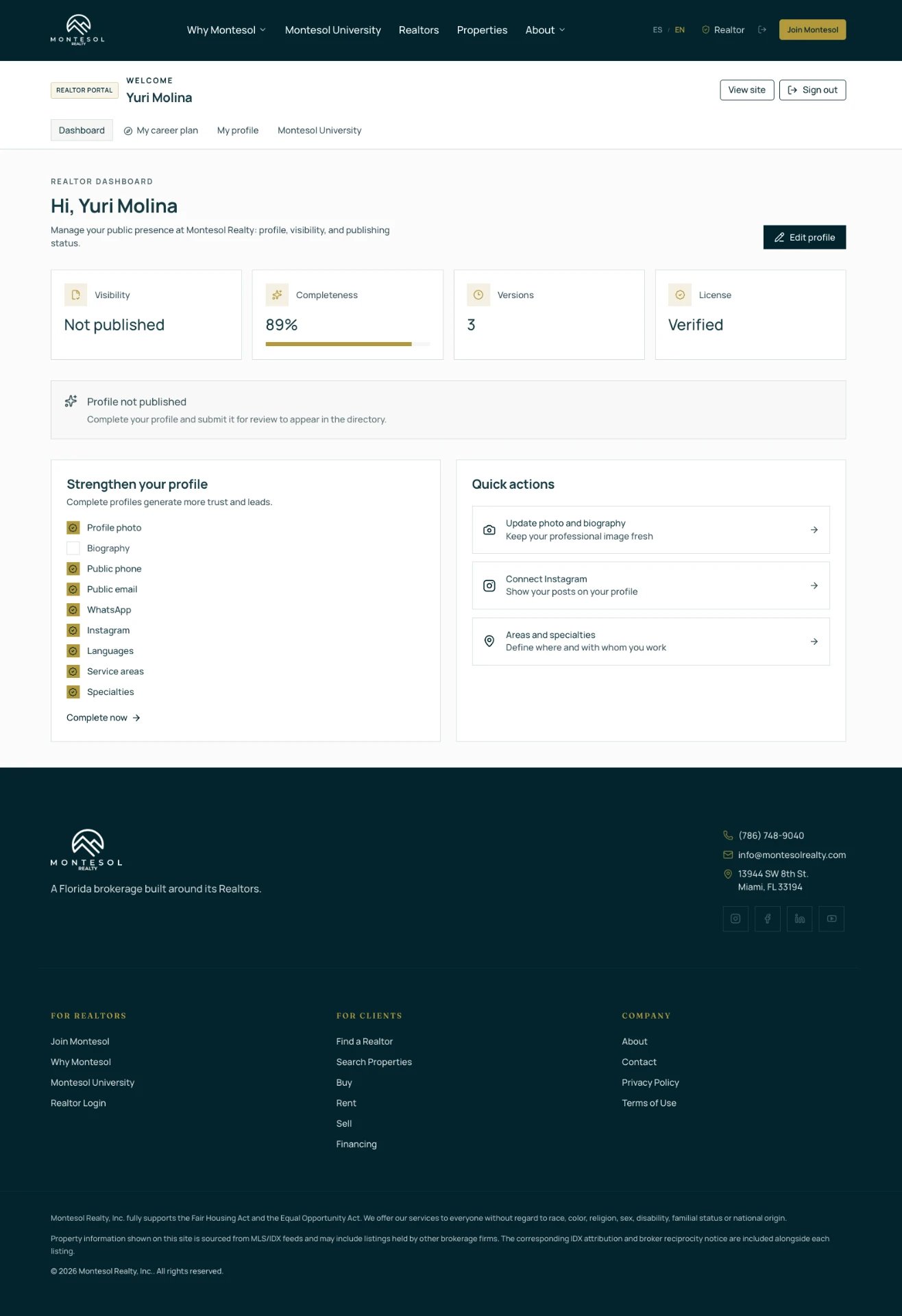 Realtor Portal dashboard with profile completeness and visibility