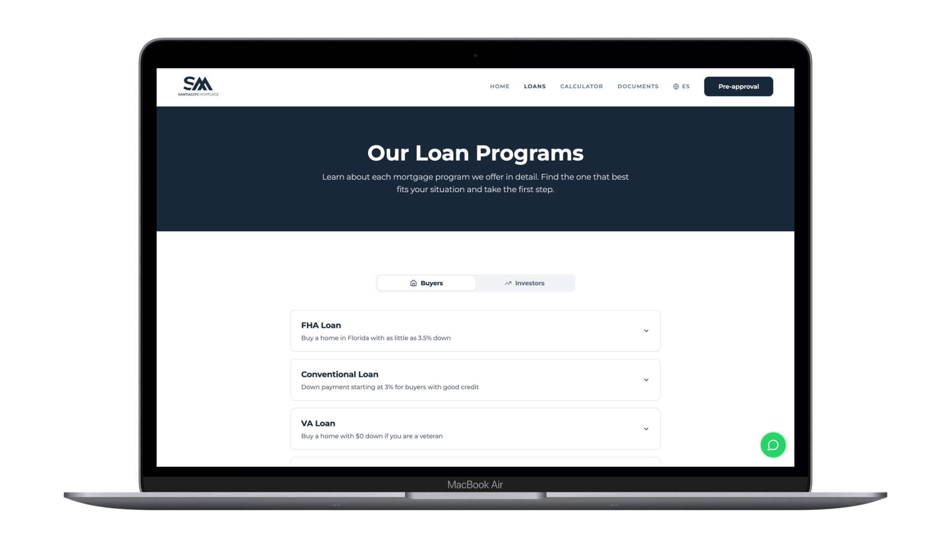 Loan products with Buyers / Investors tabs
